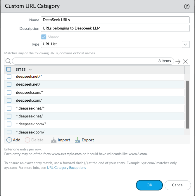 Picture showing Custom URL Category configuration with Name "DeepSeek URLs", Description "URLs belonging to DeepSeek LLM", Type "URL List" and Sites with wellknown DeepSeek URL (test list below picture).